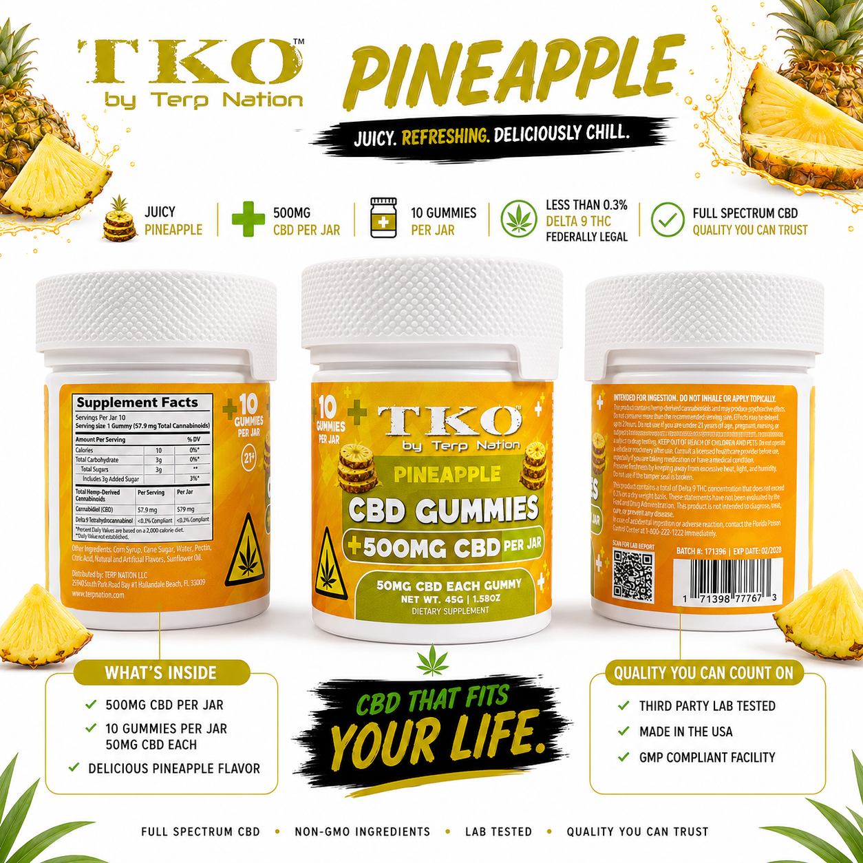 Pineapple Full Spectrum CBD Gummies - TKO 500, 1500, 2500, 5000mg