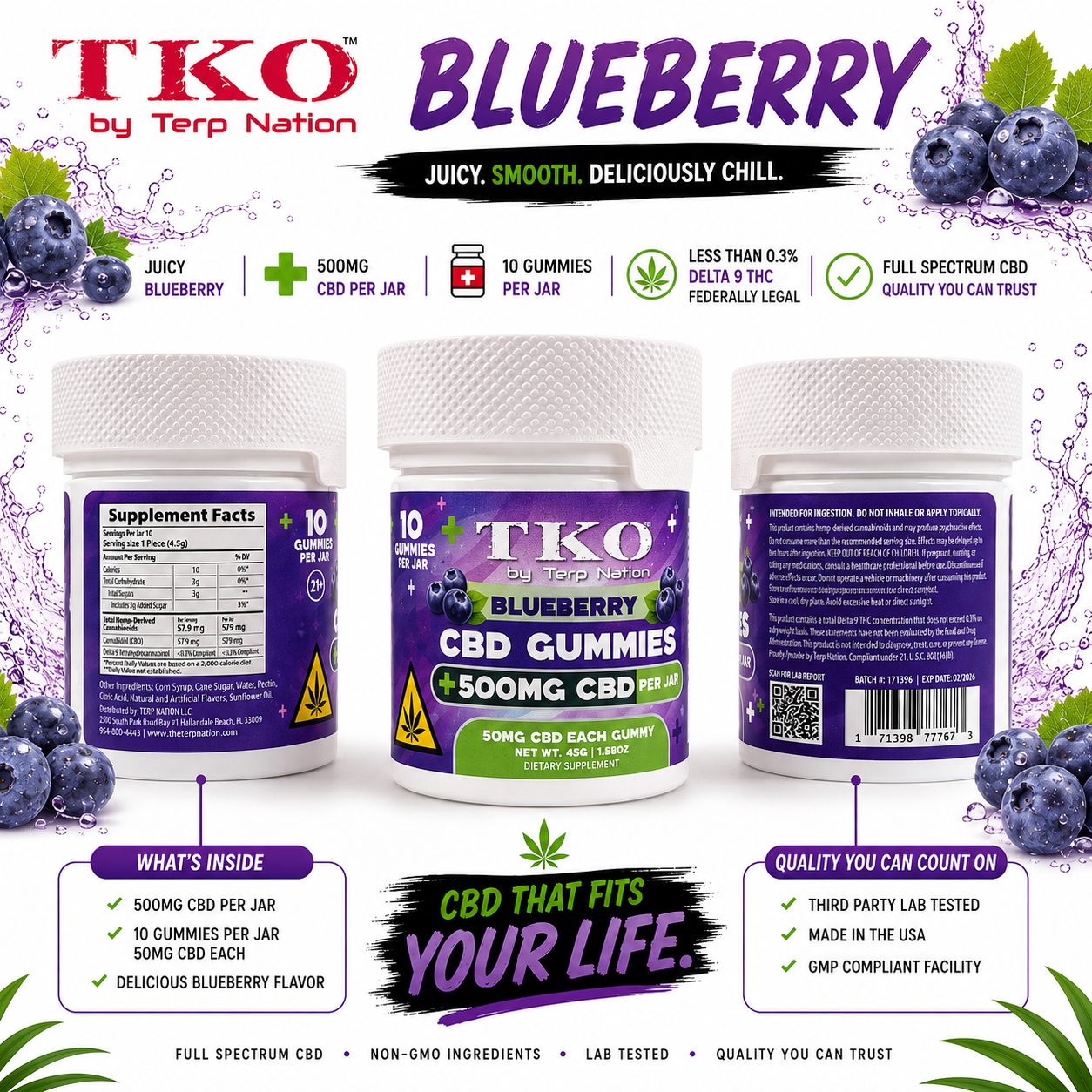 Blueberry Full Spectrum CBD Gummies - TKO 500, 1500, 2500, 5000mg