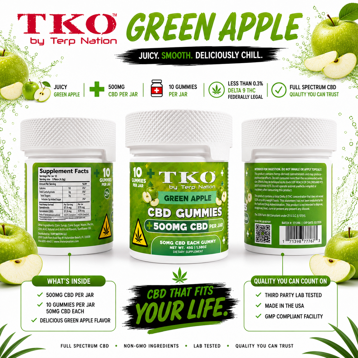 Green Apple Full Spectrum CBD Gummies - TKO 500, 1500, 2500, 5000mg