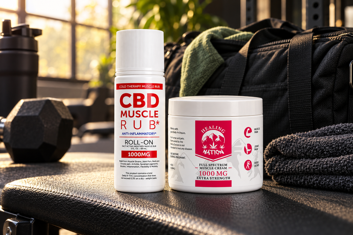 Best Buds CBD roll-on and muscle cream beside a gym bag and towel